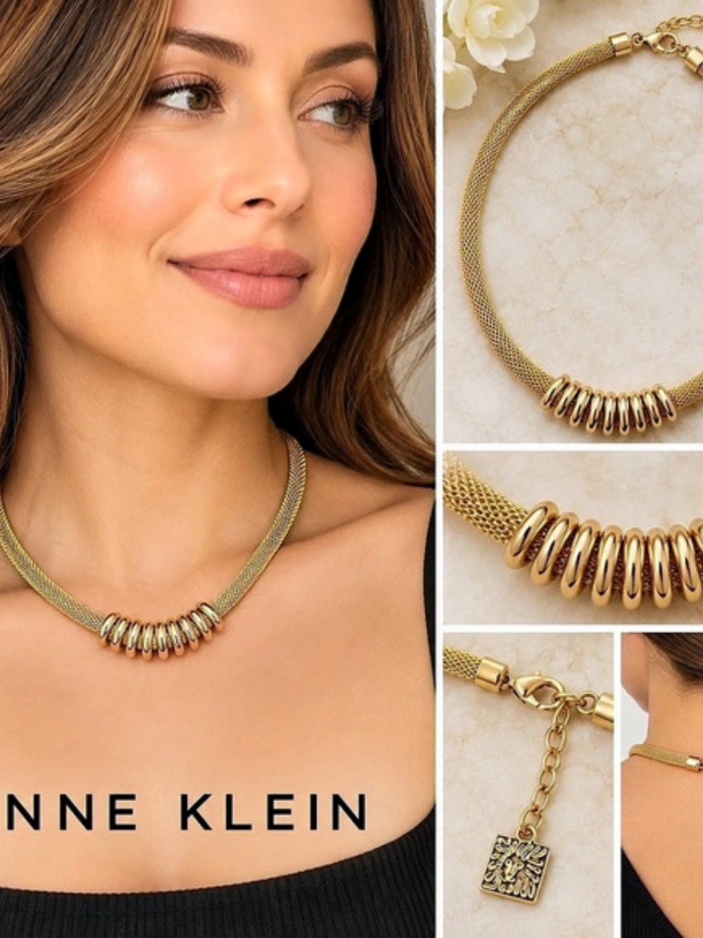 Anne Klein Gold-Tone Mesh Choker Necklace with Sliding Rings